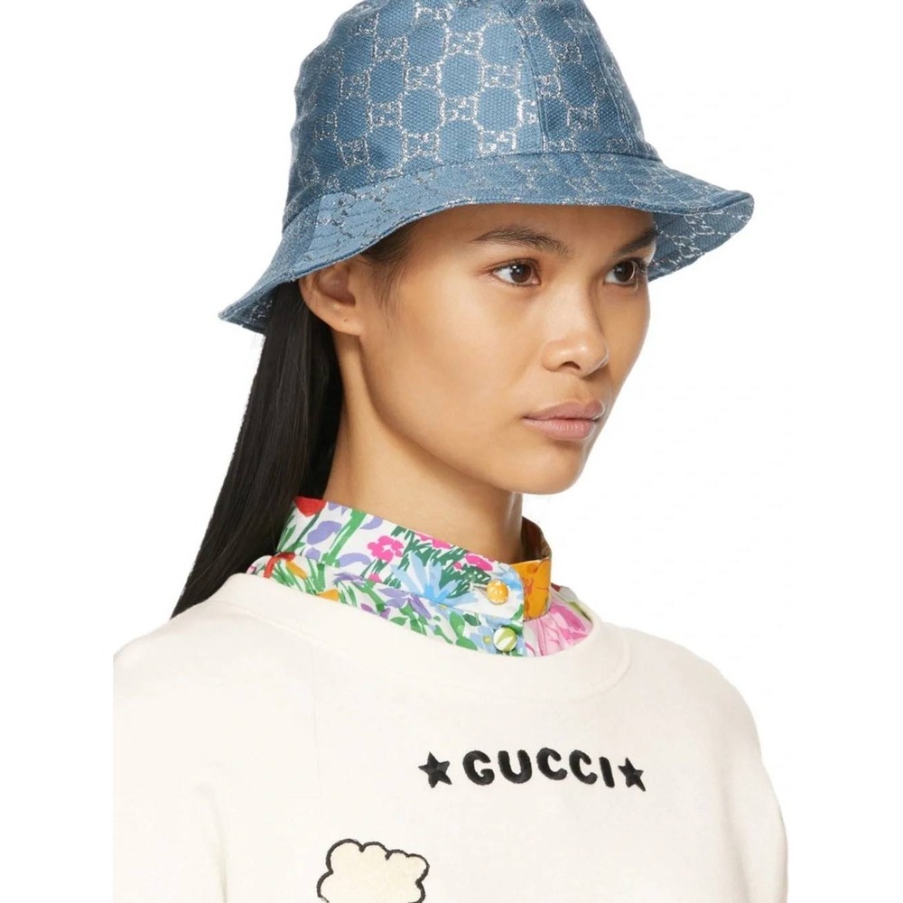 Gucci GG Lame Bucket Hat Blue Silver Monogram Size M 57cm Chambray Designer Luxe